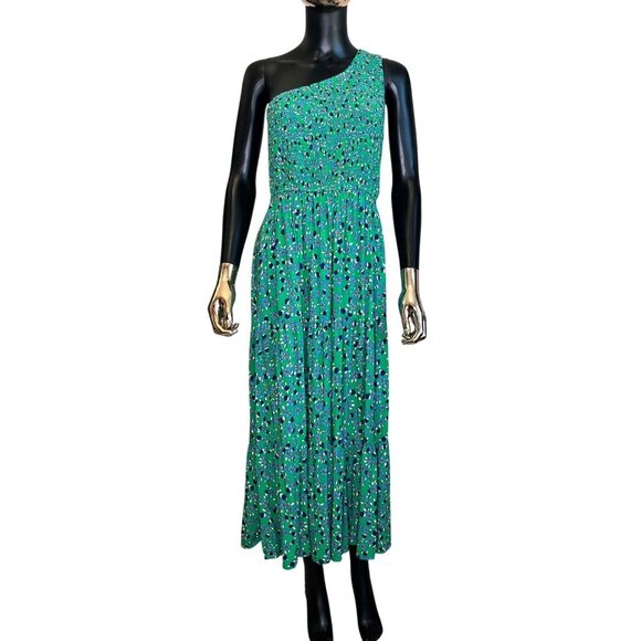 ZESICA One-Shoulder Green Floral Midi Dress Smocked Bodice & Flowy Tiered Skirt - Picture 5 of 13